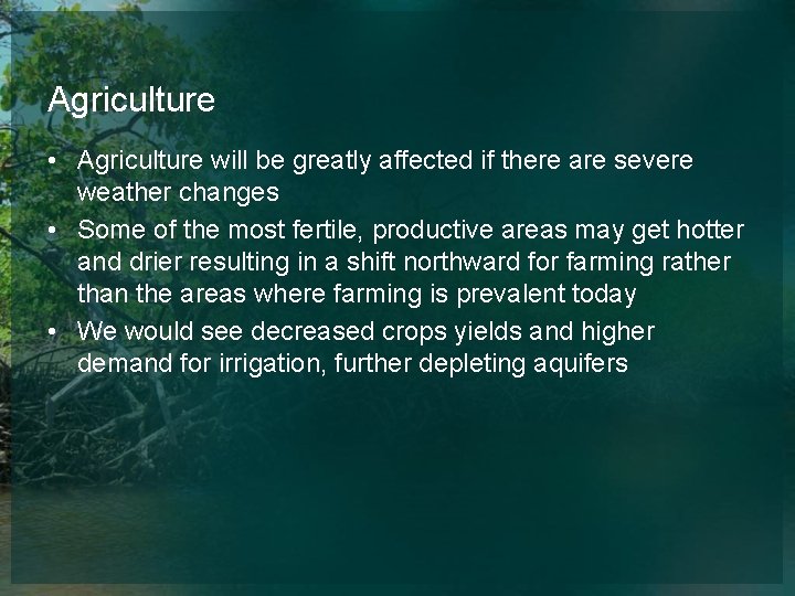 Agriculture • Agriculture will be greatly affected if there are severe weather changes •