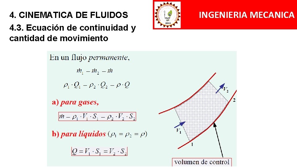 4. CINEMATICA DE FLUIDOS 4. 3. Ecuación de continuidad y cantidad de movimiento INGENIERIA 4. CINEMATICA DE FLUIDOS 4. 3. Ecuación de continuidad y cantidad de movimiento INGENIERIA