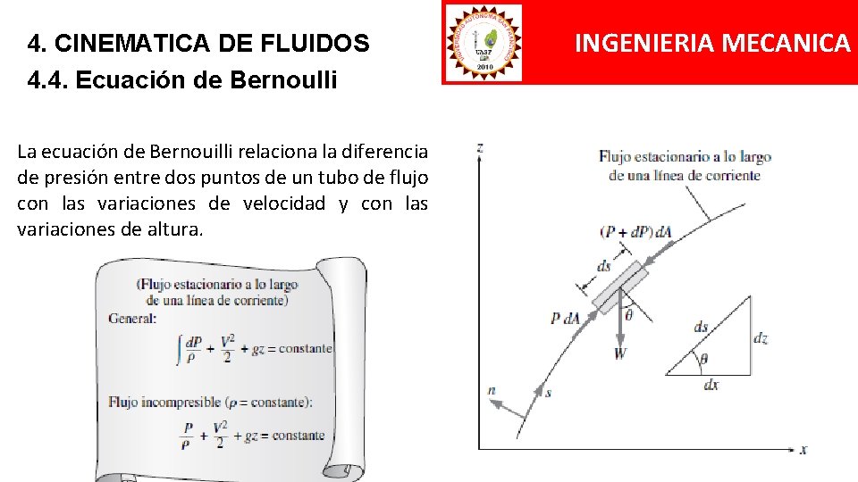 4. CINEMATICA DE FLUIDOS 4. 4. Ecuación de Bernoulli La ecuación de Bernouilli relaciona 4. CINEMATICA DE FLUIDOS 4. 4. Ecuación de Bernoulli La ecuación de Bernouilli relaciona