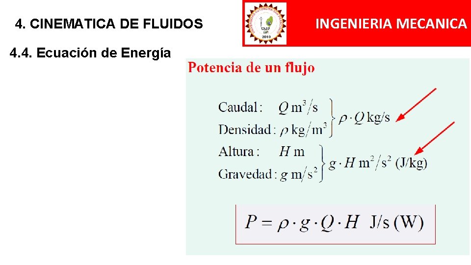 4. CINEMATICA DE FLUIDOS 4. 4. Ecuación de Energía INGENIERIA MECANICA 4. CINEMATICA DE FLUIDOS 4. 4. Ecuación de Energía INGENIERIA MECANICA
