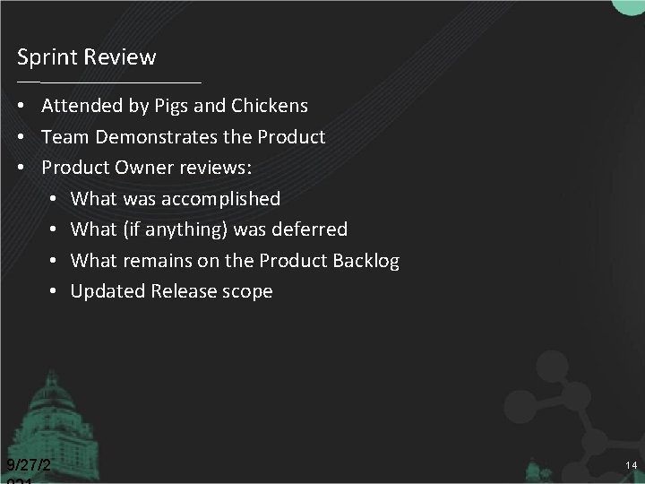 Sprint Review • Attended by Pigs and Chickens • Team Demonstrates the Product •