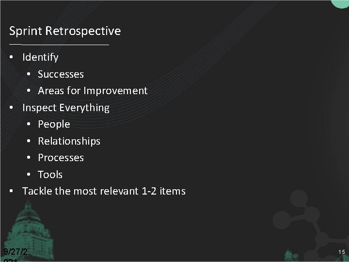 Sprint Retrospective • Identify • Successes • Areas for Improvement • Inspect Everything •