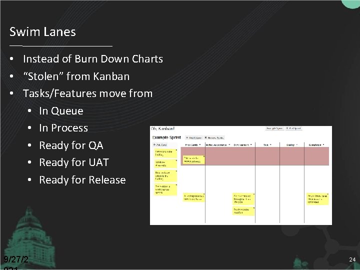 Swim Lanes • Instead of Burn Down Charts • “Stolen” from Kanban • Tasks/Features