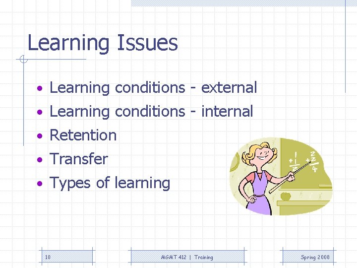 Learning Issues • Learning conditions - external • Learning conditions - internal • Retention Learning Issues • Learning conditions - external • Learning conditions - internal • Retention
