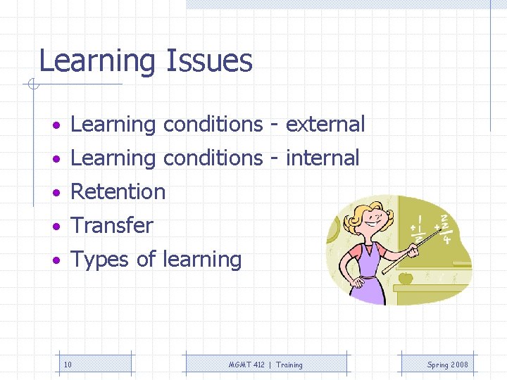 Learning Issues • Learning conditions - external • Learning conditions - internal • Retention