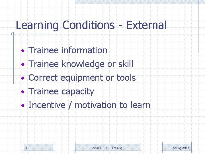 Learning Conditions - External • Trainee information • Trainee knowledge or skill • Correct Learning Conditions - External • Trainee information • Trainee knowledge or skill • Correct