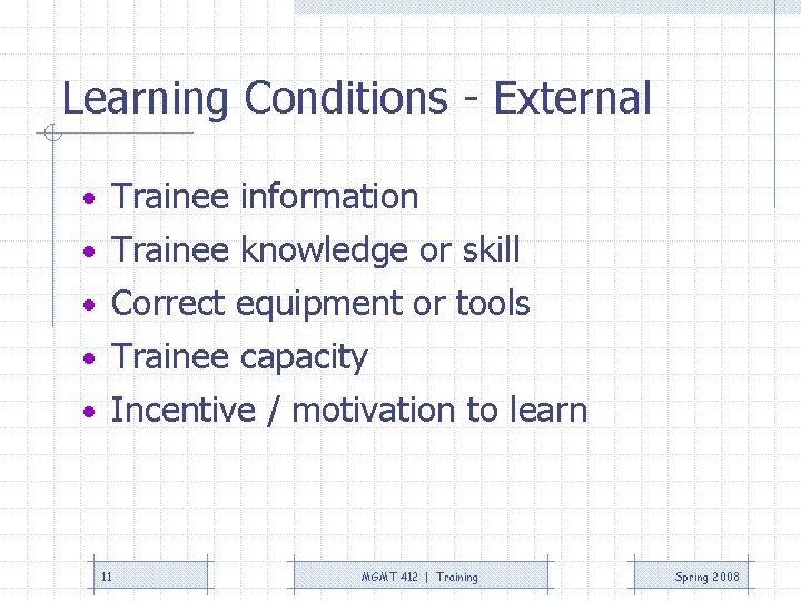 Learning Conditions - External • Trainee information • Trainee knowledge or skill • Correct