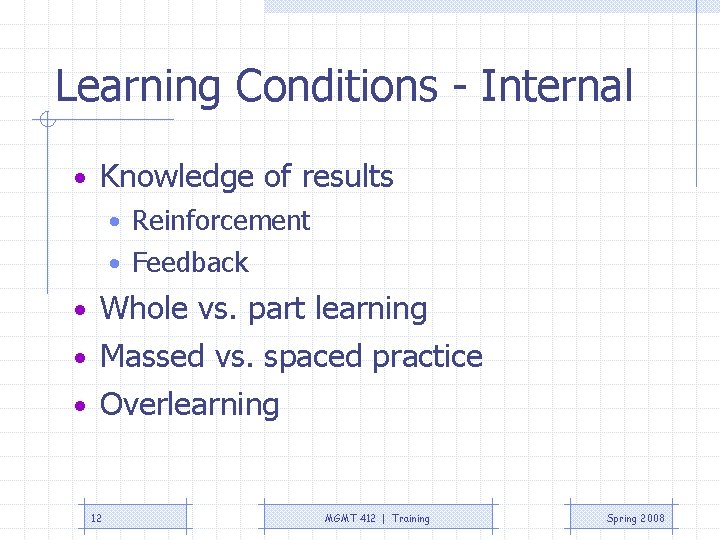 Learning Conditions - Internal • Knowledge of results • Reinforcement • Feedback • Whole Learning Conditions - Internal • Knowledge of results • Reinforcement • Feedback • Whole