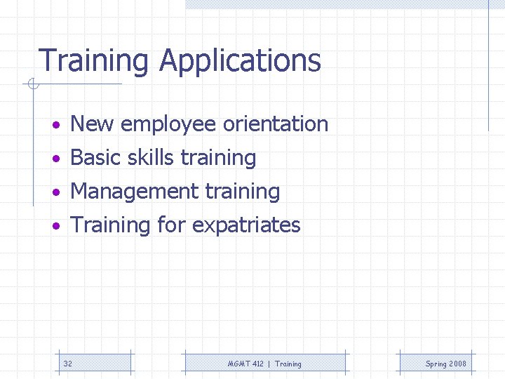 Training Applications • New employee orientation • Basic skills training • Management training • Training Applications • New employee orientation • Basic skills training • Management training •