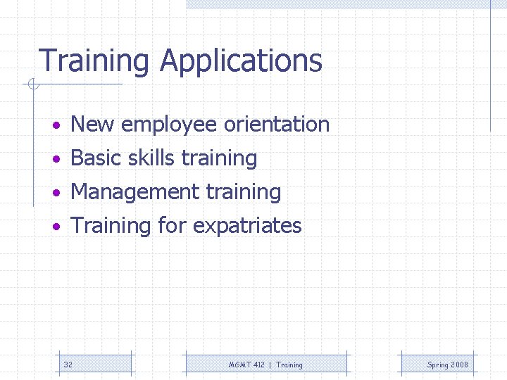 Training Applications • New employee orientation • Basic skills training • Management training •