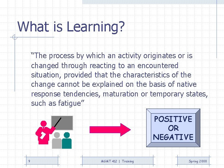 What is Learning? “The process by which an activity originates or is changed through