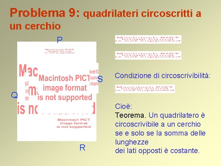 Problema 9: quadrilateri circoscritti a un cerchio P S Condizione di circoscrivibilità: Q R