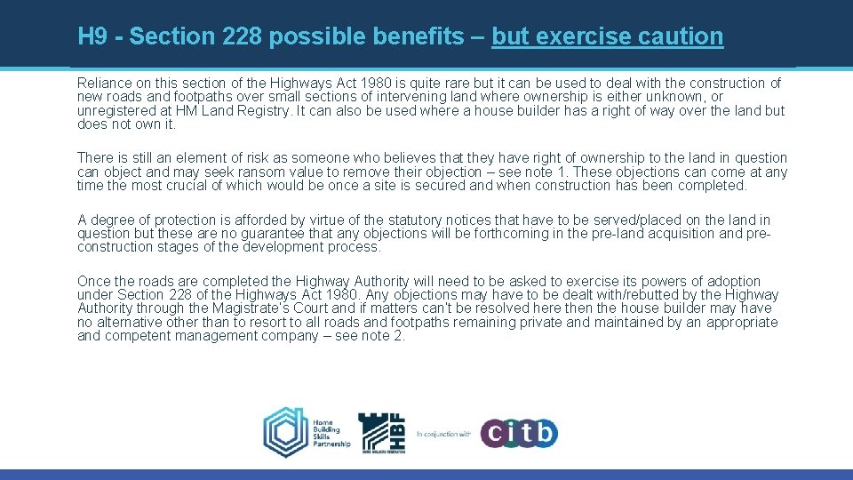 H 9 - Section 228 possible benefits – but exercise caution Reliance on this