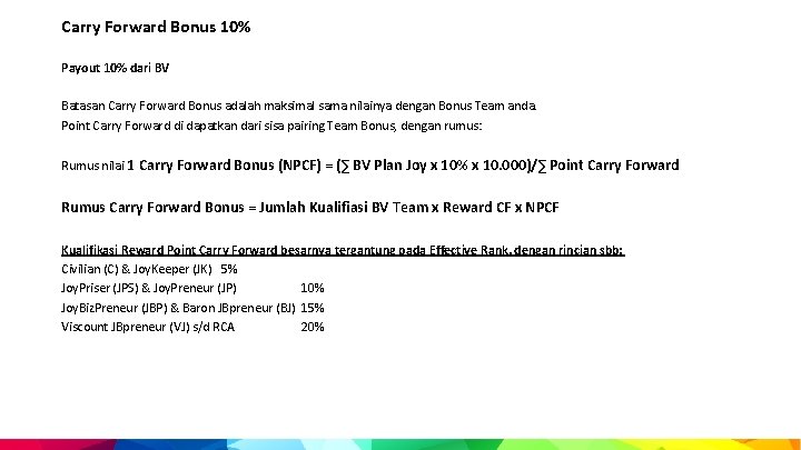 Carry Forward Bonus 10% Payout 10% dari BV Batasan Carry Forward Bonus adalah maksimal