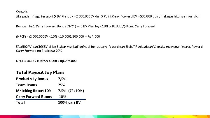 Contoh: Jika pada minggu tersebut ∑ BV Plan Joy = 2. 000 BV dan