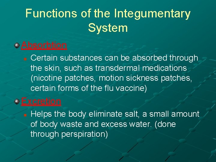Functions of the Integumentary System Absorbtion n Certain substances can be absorbed through the