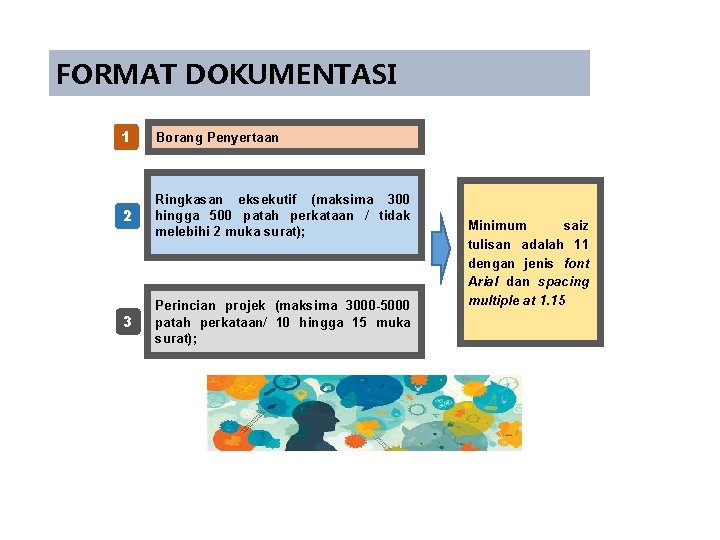 FORMAT DOKUMENTASI 1 Borang Penyertaan 2 Ringkasan eksekutif (maksima 300 hingga 500 patah perkataan