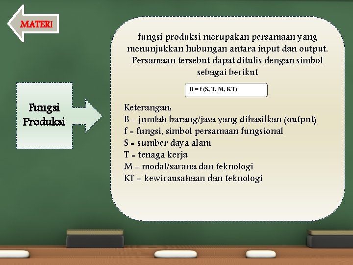 MATERI Fungsi Produksi fungsi produksi merupakan persamaan yang menunjukkan hubungan antara input dan output.