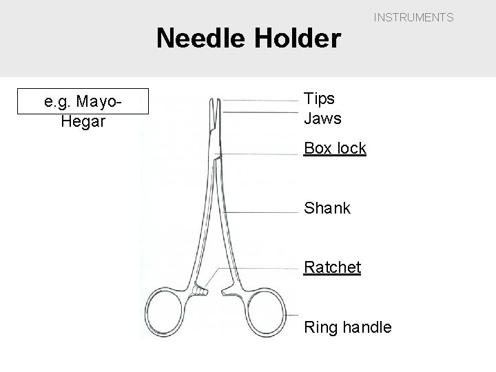 Needle Holder e. g. Mayo. Hegar INSTRUMENTS Tips Jaws Box lock Shank Ratchet Ring