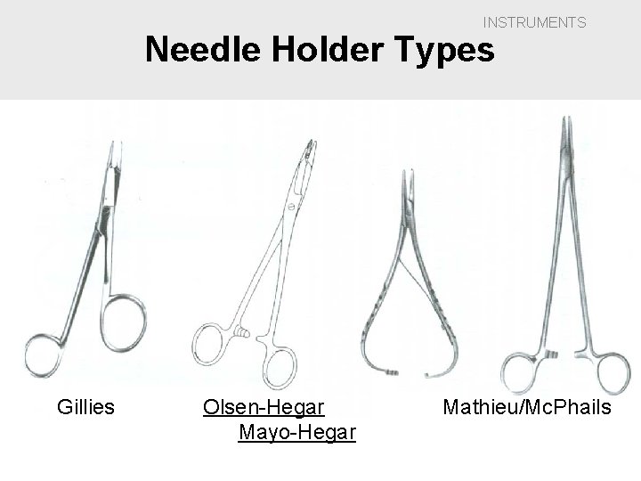 INSTRUMENTS Needle Holder Types • 4 types Gillies Olsen-Hegar Mayo-Hegar Mathieu/Mc. Phails 