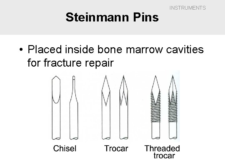 Steinmann Pins INSTRUMENTS • Placed inside bone marrow cavities for fracture repair 