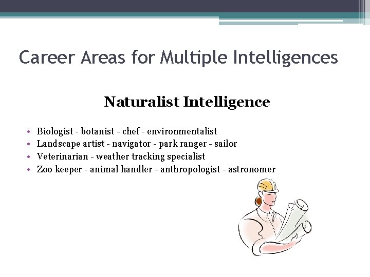 Career Areas for Multiple Intelligences Naturalist Intelligence • • Biologist - botanist - chef