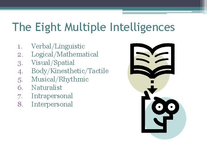 The Eight Multiple Intelligences 1. 2. 3. 4. 5. 6. 7. 8. Verbal/Linguistic Logical/Mathematical