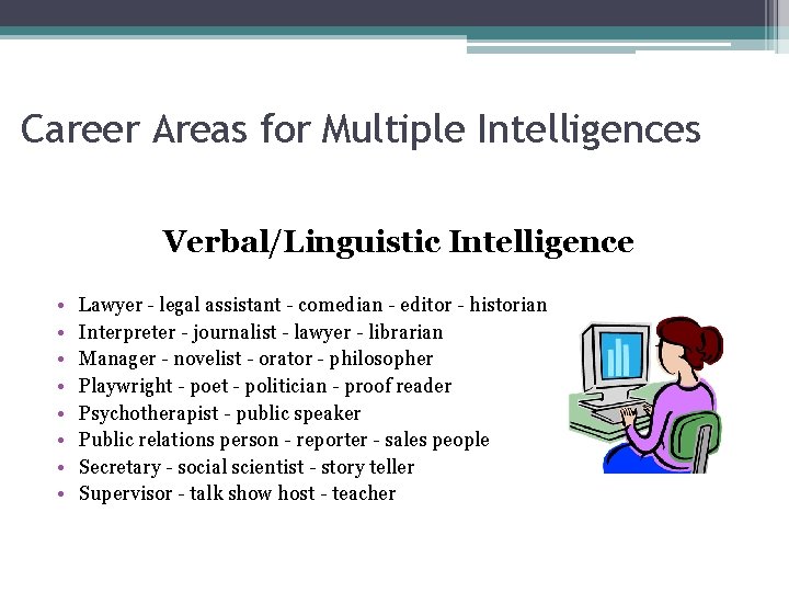 Career Areas for Multiple Intelligences Verbal/Linguistic Intelligence • • Lawyer - legal assistant -