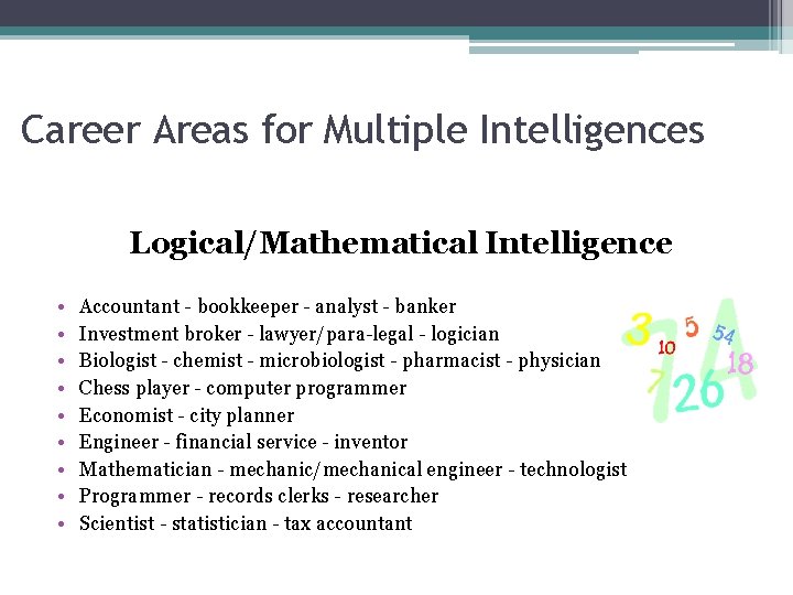 Career Areas for Multiple Intelligences Logical/Mathematical Intelligence • • • Accountant - bookkeeper -