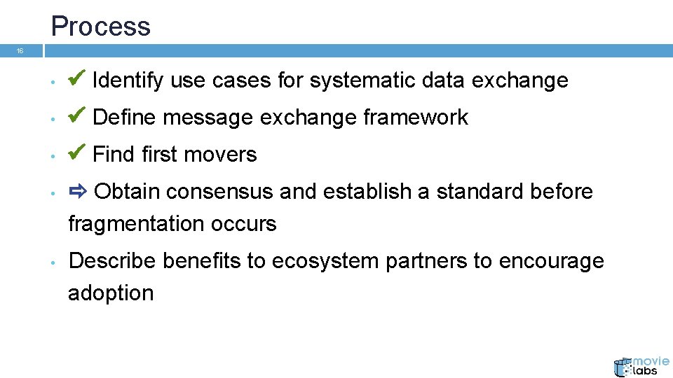 Process 16 • Identify use cases for systematic data exchange • Define message exchange