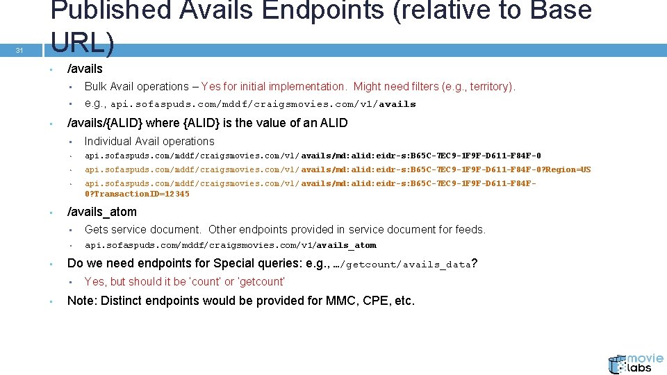 31 Published Avails Endpoints (relative to Base URL) • /avails • • • /avails/{ALID}