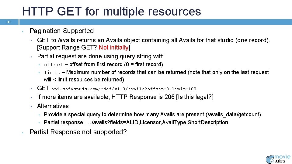 HTTP GET for multiple resources 36 • Pagination Supported • • GET to /avails
