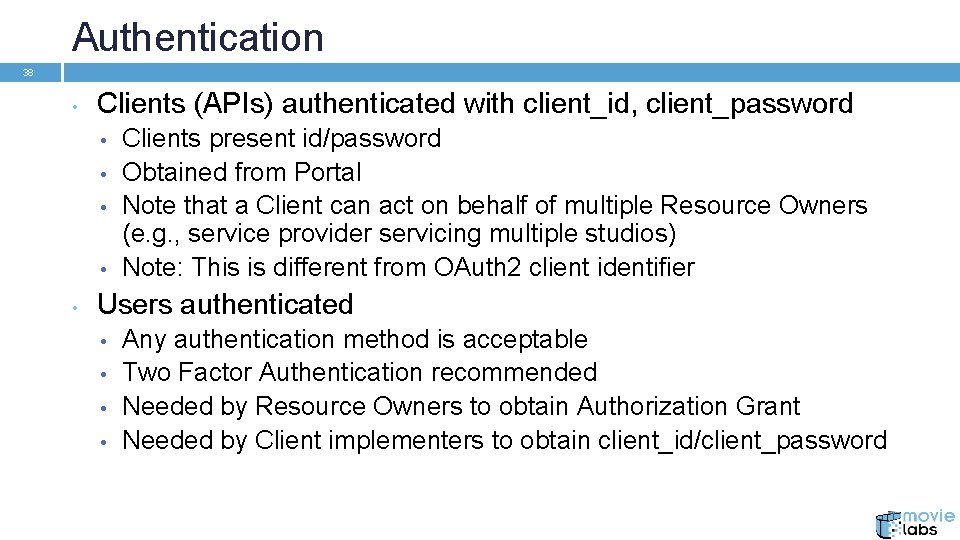Authentication 38 • Clients (APIs) authenticated with client_id, client_password • • • Clients present
