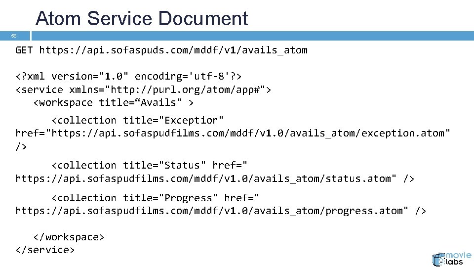 Atom Service Document 56 GET https: //api. sofaspuds. com/mddf/v 1/avails_atom <? xml version="1. 0"