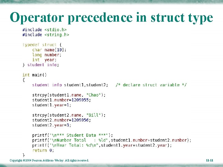 Operator precedence in struct type Copyright © 2004 Pearson Addison-Wesley. All rights reserved. 11