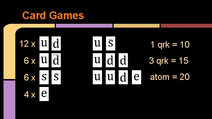 Card Games 12 x 1 qrk = 10 6 x 3 qrk = 15