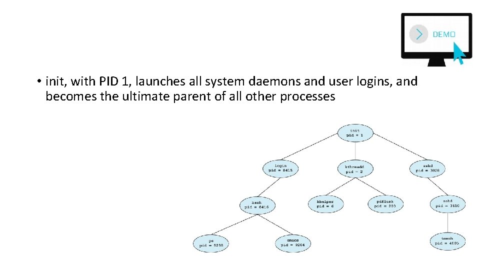  • init, with PID 1, launches all system daemons and user logins, and