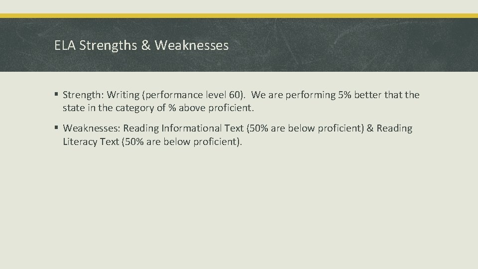 ELA Strengths & Weaknesses § Strength: Writing (performance level 60). We are performing 5%