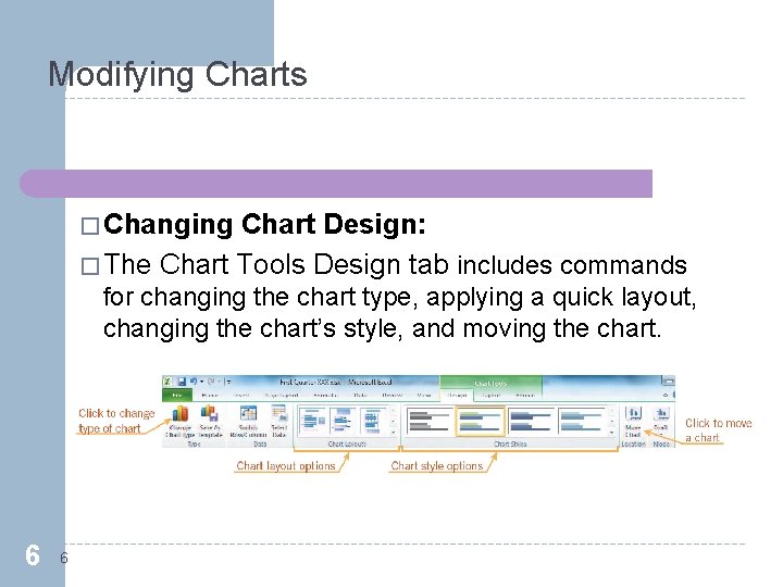 Modifying Charts � Changing Chart Design: � The Chart Tools Design tab includes commands