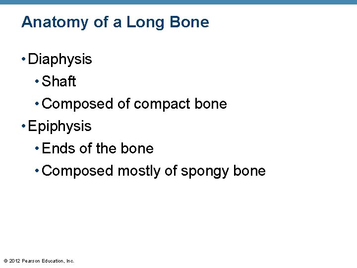 Anatomy of a Long Bone • Diaphysis • Shaft • Composed of compact bone