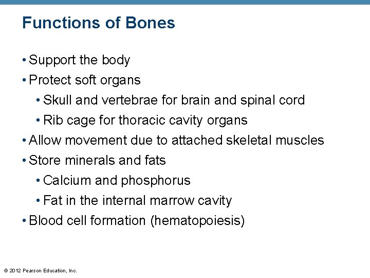 Functions of Bones • Support the body • Protect soft organs • Skull and