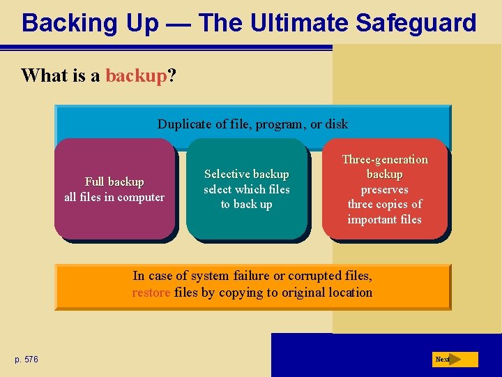 Backing Up — The Ultimate Safeguard What is a backup? Duplicate of file, program,
