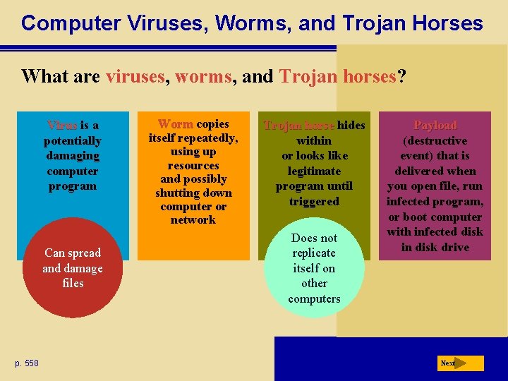 Computer Viruses, Worms, and Trojan Horses What are viruses, worms, and Trojan horses? Virus