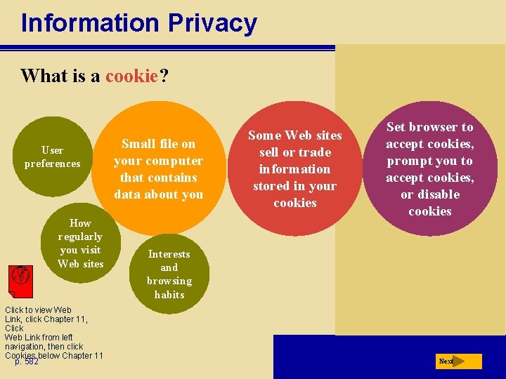 Information Privacy What is a cookie? User preferences How regularly you visit Web sites