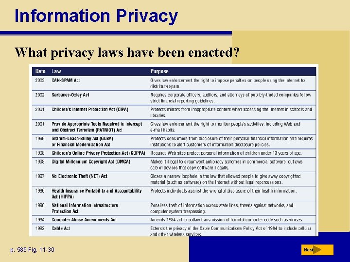 Information Privacy What privacy laws have been enacted? p. 585 Fig. 11 -30 Next