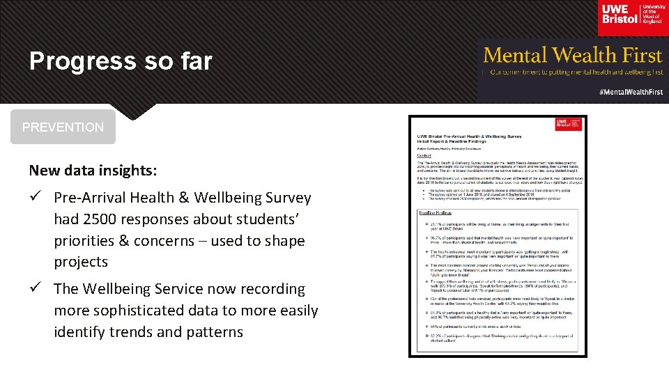 Progress so far PREVENTION New data insights: ü Pre-Arrival Health & Wellbeing Survey had