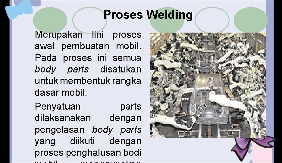 Proses Welding Merupakan lini proses awal pembuatan mobil. Pada proses ini semua body parts