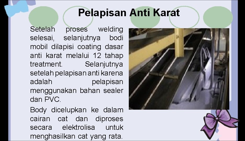 Pelapisan Anti Karat Setelah proses welding selesai, selanjutnya bodi mobil dilapisi coating dasar anti