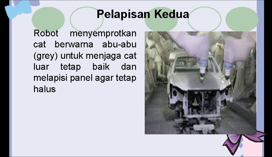 Pelapisan Kedua Robot menyemprotkan cat berwarna abu-abu (grey) untuk menjaga cat luar tetap baik