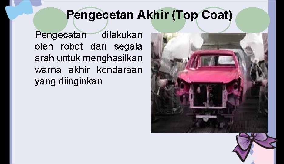 Pengecetan Akhir (Top Coat) Pengecatan dilakukan oleh robot dari segala arah untuk menghasilkan warna